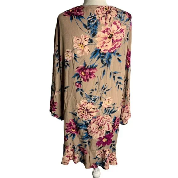 Charlotte Russe Open Front Kimono Top L Taupe Floral Ruffle Long Sleeves Rayon - Picture 5 of 7